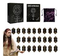 Wooden Rune Set - Carved Mythology Symbols 24pcs + Blank Stone 1pc 1.6x3.4x0.2cm Meditation Divination Kit With Guide Book Velvet Storage Bag | Beginner Mysticism Learning Tool Supporting Home School