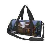 Wooden Rustic Log Cottage Scenery Duffle Bag for Women Men Personal Item Travel Bag Canvas Weekender Overnight Bag Lightweight Sports Tote Gym Bag Carry On Luggage Bag, Black, One Size