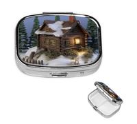 Wooden Rustic Log Cottage Scenery Pill Box 2 Compartment Square Portable Pill Case for Pocket or Purse Pill Holder Weekly Pill Organizer Decorative Metal Medicine Vitamin Organizer Travel Gift