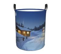 Wooden Rustic Log Cottage Scenery Round Single-Layer Laundry Hamper With Full Wrap Print, Water-Resistant Polyester Fabric For Home Car Storage