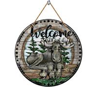 Wooden Rustic Welcome Moose Wall Sign Hanging Home Decor.Home Office Farmhouse Yard Garden Synthetic Round Wood Sign 12 x 12 inch