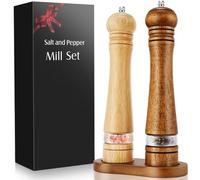 Wooden Salt and Pepper Grinder Set,2 Pcs Large 8 Inch Refillable Pepper Mills with Tray,Manual Solid Oak Wood Mills Shakers with Adjustable Ceramic Core and Transparent Window for Pepper,Salt,Spice