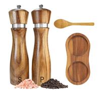 Wooden Salt and Pepper Grinder Set:Pepper Grinder Manual,Adjustable Coarseness,Crafted of Solid Acacia Wood with Ceramic/Stainless Steel Core|Along with Salt&Pepper Mill Tray,Spoon,8in,2pack