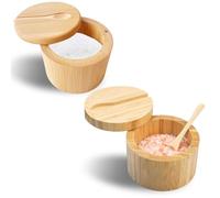 Wooden Salt Box 2PCS Salt Pepper Pots Cellar with Magnetic Lid and Built-in Spoon 100ml Bamboo Salts Pot for Kitchen Salts Spice Herbs Storage (9 * 7 * 7CM)