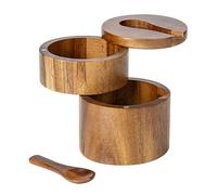 Wooden Salt Box with Spoon 2 Compartment Magnetic Swivel Lid Solid Wood Seasoning Container Kitchen Countertop Spice Storage Organiser for Salt Pepper Herbs Natural Bamboo Look (Double layer)