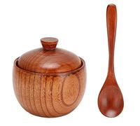 Wooden Salt Cellar Box Spice Jar Sugar Bowl Pepper Seasoning Box Japanese Style Seasoning Pot with Lid and Spoon Salt Container for Kitchen