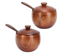 Wooden Salt Cellar Pepper Seasoning Box, 2 Set Japanese Seasoning Jars, Salt Cellar with Lid and Spoon, Salt Sugar Chili Seasoning Container for Home Restaurant