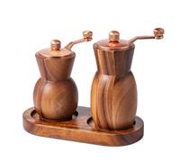 Wooden Salt Pepper Grinder - 9x5.6cm Hand Cranked Mill with Base | Manual Mill Set, Adjustable Salt & Pepper Grinder for Home Kitchen Countertop Apartment Camping Picnic BBQ Use