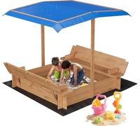 Wooden Sandbox Kids Sand Pit with Height Adjustable Canopy,Large Sand Box for Ages 3-8, Bottom Liner, with with 2 Bench Seats, For Beach, Garden, Backyard (120x120cm)