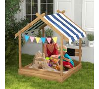 Outsunny Sand Pit with Canopy, Blackboard, Toys, Sink, Seats, Flags for Kids, Brown
