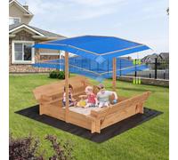 Wooden Sandbox with Lid&Cover, Outdoor Sand Box with 2 Bench Seats, Bottom Liner, Adjustable Height & Rotatable Canopy for Ages 3-8, Spacious Kids Sand Pit for Beach, Patio, Backyard(47x47in)