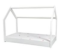 Wooden, Scandinavian Style Kids Bed + Standard Mattress Set, House Bed 160x80 (Colour: White)