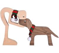 Wooden Sculptures Handmade Accents Craft Figurine,Family Puppy Wooden Carving Ornaments,Lovely Solid Wood Pet Dog Family Crafts Sculpture,Pet Lover Gifts Wood Sculpture. (Man and Dog scarf)