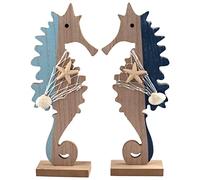 Wooden Seahorse Sculpture Ornament With Base - Blue White - Set of 2