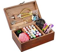 Wooden Sewing Basket,MKNZOME Vintage Sewing Box with Over 110 Pcs Sewing Kit Accessories for Mom Grandma Girl Women Hobbyist Household Gift & Emergency Clothing Fixes
