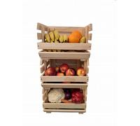 Wooden Shelf Fruit Vegetables with 3 Wooden Crates - Stackable Kitchen Shelf with Wheels - Natural Pine Wood - Modular Fruit Stand for Pantry, Market, Kitchen or Garage - 79 cm Height