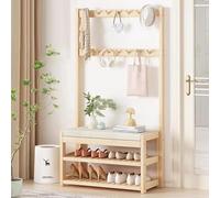 Wooden Shoe Bench with Padded Seat Freestanding Hall Tree Coat Rack with Hooks & Shoe Storage Shelf Entryway for Front Door Stylish Coat & Hat Stand