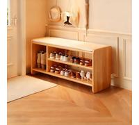 Wooden Shoe Bench with Upholstered Seat Leather Cushion Entryway Storage Rack Stylish Small Bench for Living Room Bedroom Dining Room (39in Wood Color)