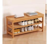 Wooden Shoe Rack Bench, 2 Tier Rattan Entryway Organizer Storage Bench for Front Door, Porch, Dining Room, Living Room