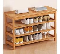 Wooden Shoe Rack Bench, 2 Tier Rattan Entryway Organizer Storage Bench for Front Door, Porch, Dining Room, Living Room