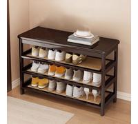 Wooden Shoe Rack Bench, 2 Tier Rattan Entryway Organizer Storage Bench for Front Door, Porch, Dining Room, Living Room