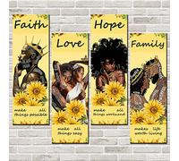 Wooden Sign 4 Pieces Nordics Bedroom Decor Hope Love Faith Family Wall Decor Black Women Men Wood Plaque Afro Romantic Couple Artwork King Queen Wall Art Sunflower Home Decor(Yellow)