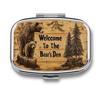 Wooden Sign Two Bears Pine Trees Pill Box 2 Compartment Portable Medicine Pill Case Travel Pill Organizer for Pocket Purse