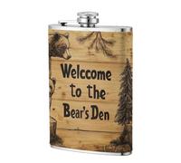 Wooden Sign Two Bears Pine Trees Pocket Hip Flask 8 Oz, Stainless Steel Flagons for Dad Groomsman Wedding Travel Camping