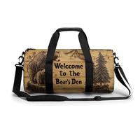 Wooden Sign Two Bears Pine Trees Travel Gym Bag for Women Men Cylindrical Duffle Bag Sport Workout Bag with Shoulder Strap