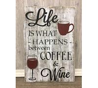 Wooden Signs/Gift for Mother's Day/Coffee and Wine/Life is What Happens Between Coffee and Wine/Mom Sign/Kitchen Cafe Pub Decor, Wood wal Art, Rustic Wood Decor Gift 8x12 INCH