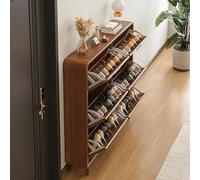 Wooden Slim Shoe Cabinet with Pull Down Tumbler, Shoes Organiser with Ventilation Holes for Entryway