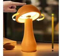 Wooden Small Mushroom Lamp, Touch Switch Cordless Table Lamp for nightstand, Rechargeable Battery Operated Night Light, 360 Degree Rotation Adjustable, Stepless Dimming Desk Lamps for Living Room