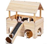 Wooden Small Pet Hideout House Double-Decker Castle for Hamsters with Climbing Ladder and Anti-Slip Mat Grey(Slanted Top Style)