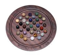 Wooden Solitaire Toy Board Game, Travel Games Sets with 37 Multicolor Natural Glass Marbles Pieces, Classic Thick Round Board Games for Adults Game Night