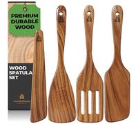 Wooden Spatula Set of 4 - Kitchen Utensils Set Including Paddle, Turner, Slotted Spatulas for Cooking and Wood Scraper. Non-Stick, Natural Teak Wooden Utensils for Non-Toxic Cookware.