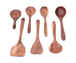 Wooden Spatula Spoon Set, Nonstick Kitchen Utensil Set with Long Handle, Teak Wood Cooking Tools for Nonstick Pans, Wok and Cast Iron Cookware