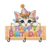Wooden Special Shape Happy Birthday Cat Rhinestone Painting Coat Hook 3 Hooks Hook Rail for Home Office Decor