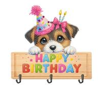 Wooden Special Shape Happy Birthday Dog Rhinestone Painting Coat Hook 3 Hooks Hook Rail for Home Office Decor