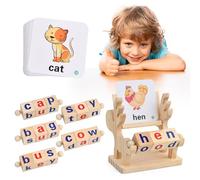 Wooden Spelling Letters Toy, Sight Words Spinning Alphabet Learning Toy, Matching Letter Game with 40pcs Flash Cards, Alphabet Flash Cards Wooden Montessori Toy for Preschool Boys Girls