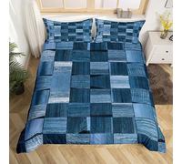 Wooden Splicing Comforter Cover, Blue Ocean Style Bedding Set Single Watercolor Plaid Patchwork Duvet Cover with 4 Corner Ties for Boys Youth Bedroom, Navy Blue