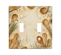 Wooden Spoon Kitchen Double Light Switch Cover Plate, Rustic Natural Herb Honey Jar Fall Beige Plastic Standard Size Decorative Wall Plates for New Apartment Home Bedroom Office Decor