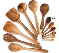 Wooden Spoons Cooking Utensils Set of 13- Acacia Wood Kitchen Tools Includes Wooden Spoons, Spatula, Soup Ladle, Measuring Spoons Set for Kitchen Use, Nonstick Wooden Utensils for Cooking