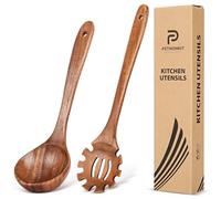 Wooden Spoons for Cooking,2 Pcs Wooden Utensil Set of Soup Ladle &Spaghetti Pasta Spoon with Teeth, Teak Wood Soup Ladle&Slotted Pasta Fork Strainer Spoon Set for Serving Collecting Noodle Gravy Sauce