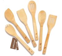 Wooden Spoons for Cooking 6 Bamboo Spatula Wood Kitchen Utensils Set | 30cm Lightweight Multifunctional Slotted Spork for Salad Baking Non-stick Smooth Glueless Heat-resistant Housewarming Gift