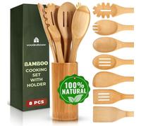 Wooden Spoons for Cooking 7 Pcs with Holder, Sturdy Bamboo Utensil Set