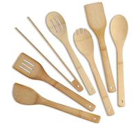 Wooden Spoons for Cooking Organic Bamboo Kitchen Utensils Set 7 Pcs Housewarming Gift New Apartment Essentials Slotted Serving Stirring Spoons Spatula Tong Tools for Nonstick Cookware