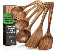 Wooden Spoons for Cooking, Teak Utensil Set of 6, Non-Stick Safe