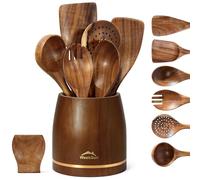 Wooden Spoons for Cooking with Holder,Wooden Utensils for Cooking Set with Patula, Slotted Spoon, Soup Ladles, Salad Forks and Spoon Holder, Teak Wood Kitchen Utensil Set, Gift for Chefs and Home