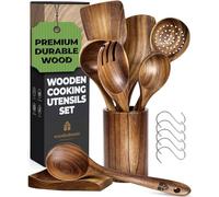 Wooden Spoons for Cooking - Wooden Utensils for Cooking Set with Holder, Spoon Rest & Hanging Hooks, Teak Wood Nonstick Kitchen Cookware - Durable Set of 8pcs by Woodenhouse