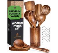 Wooden Spoons for Cooking - Wooden Utensils for Cooking Set with Holder, Spoon Rest & Hanging Hooks, Teak Wood Nonstick Kitchen Cookware - Durable Set of 8pcs by Woodenhouse